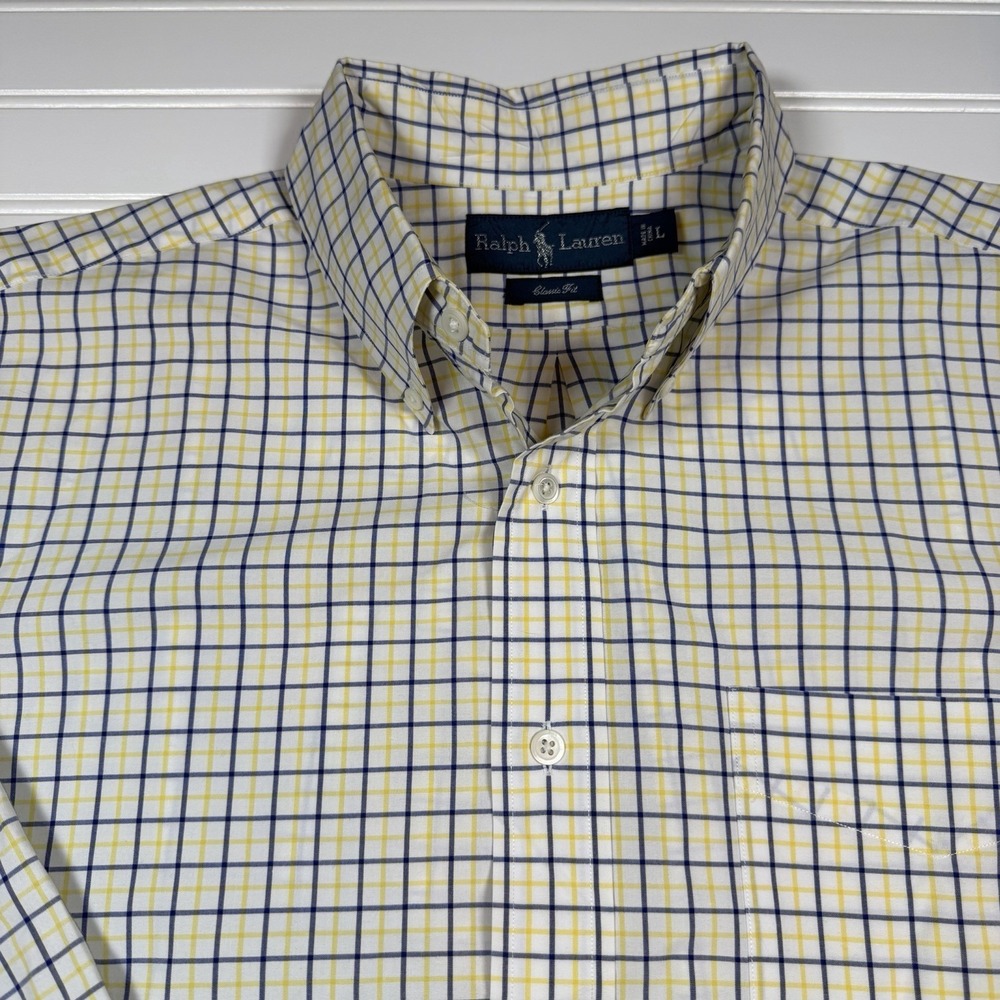 Ralph Lauren Button Up Long Sleeve Shirt Men's Large White Check Blue Yellow GUC